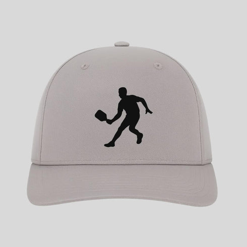 Gray cap with black silhouette of a person playing badminton on a light gray background